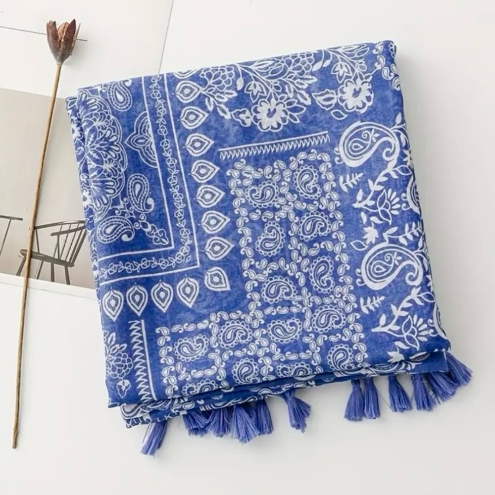 Blue White Porcelain Paisley Floral Bohemian Scarf Shawl - Picture 8 of 8